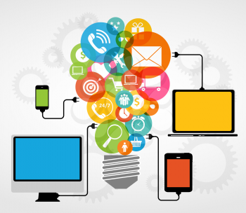 Cloud Computing Concept on Different Electronic Devices. Vector Illustration