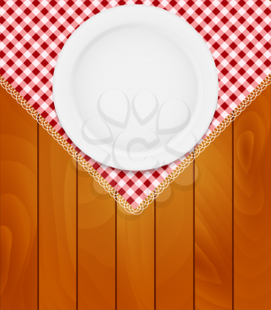 White Eppty Plate on Kitchen Napkin at Wooden Boards Background Vector Illustration EPS10