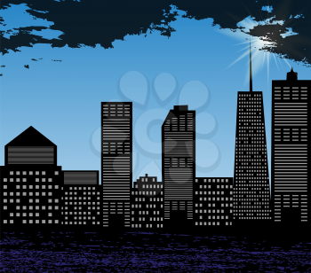 Silhouette of Big City on Background of Bright Summer Sun and Blue Sky. Vector Illustration. EPS10