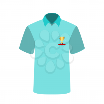 Blue T-shirt with the image of the cup for first place. Vector Illustration. EPS10