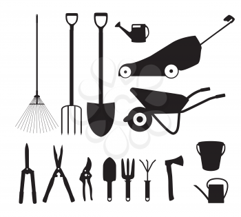 Garden Tools, Instruments Flat Icon Collection Set. Shovel, bucket, rake, secateurs, scissors, wheelbarrow and watering Vector Illustration EPS10