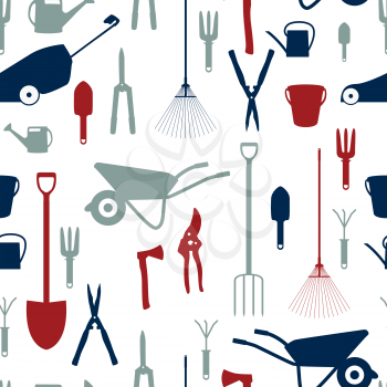 Garden Tools, Instruments Flat Icon Collection Set. Shovel, bucket, rake, secateurs, scissors, wheelbarrow and watering. Seamless Pattern Background. Vector Illustration EPS10