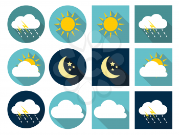 Weather Icons with Sun, Cloud, Rain and Moon in Flat Style with Long Shadows EPS10