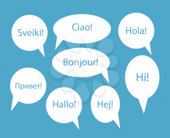 Set of Speech Bubble with Hello Word on Different Languages (Danish, Spanish, Russian, English, German, Italian, Lithuanian, French) Vector Illustration EPS10