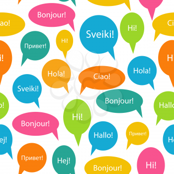 Seamless Pattern Background of Speech Bubble with Hello Word on Different Languages (Danish, Spanish, Russian, English, German, Italian, Lithuanian, French) Vector Illustration EPS10