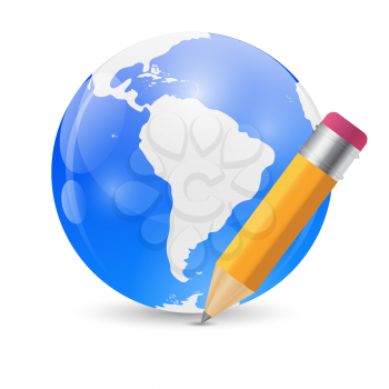 Yellow Pencil and Globe Publish Icon Vector Illustration