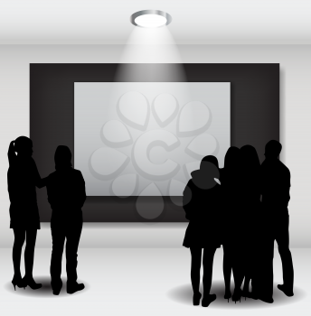 Peoples Silhouettes Looking on the Empty Frame in Art Gallery for Images and Advertisement. Vector Illustration