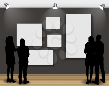 Peoples Silhouettes Looking on the Empty Frame in Art Gallery for Images and Advertisement. Vector Illustration