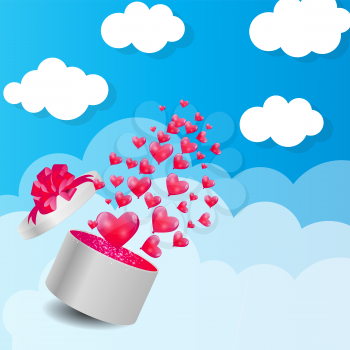 Valentines Day Card with Gift Box and Heart Shaped Balloons, Vector Illustration