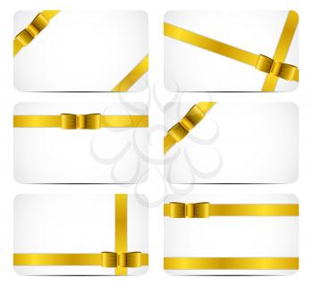 Gift Card Set with Gold Ribbon and Bow. Vector illustration EPS10