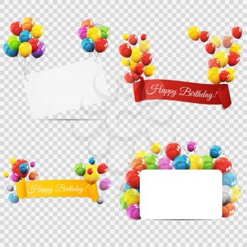 Group of Colour Glossy Helium Balloons with Ribbon Isolated on Transparent Background. Vector Illustration EPS10
