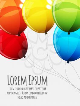 Birthday Card Template with Group of Colour Glossy Helium Balloons Isolated on White Background. Vector Illustration EPS10
