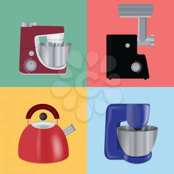 Set of Kitchen appliances. Electric mixer, meat mincer, food processor, kettle. Vector Illustration EPS10