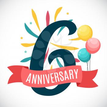 Anniversary 6 Years Template with Ribbon Vector Illustration EPS10