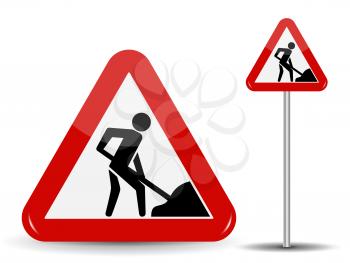 Road sign Warning Road works. In the Red Triangle a man with shovel in his hands. Vector Illustration. EPS10