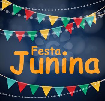 Festa Junina Holiday Background. Traditional Brazil June Festival Party. Midsummer Holiday. Vector illustration with Ribbon and Flags. EPS10