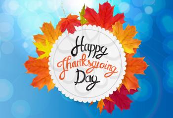 Happy Thanksgiving Day Background with Shiny Autumn Natural Leaves. Vector Illustration EPS10