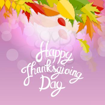 Happy Thanksgiving Day Background with Shiny Autumn Natural Leaves. Vector Illustration EPS10