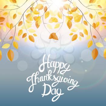 Happy Thanksgiving Day Background with Shiny Autumn Natural Leaves. Vector Illustration EPS10