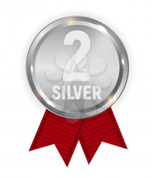 Champion Silver Medal with Red Ribbon. Icon Sign of Second Place Isolated on White Background. Vector Illustration EPS10