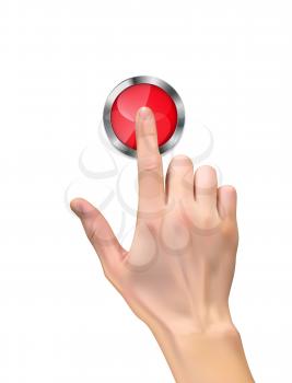 Realistic 3D Silhouette of  hand with inger pressing a red stop  button on White Background. Vector Illustration. EPS10