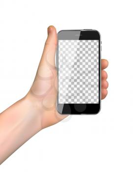 Realistic Hand holding mobile phone isolated on white background. Vector Illustration. EPS10
