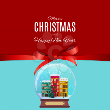 Merry Christmas and Happy New Year Background with Little Town in retro Style. Vector Illustration EPS10