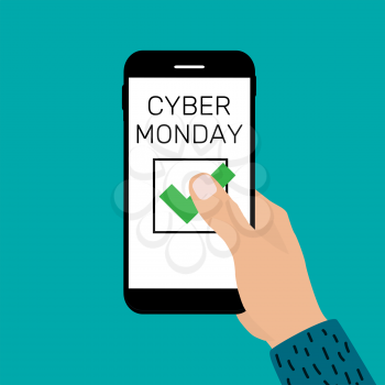 Hand holding mobile phone. Cyber Monday Sale Concept. Vector Illustration EPS10