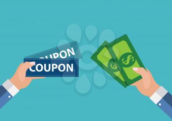 Hand with Paper Coupons Flat Design. Present, Gift, ?oupon Concept. Vector Illustration EPS10