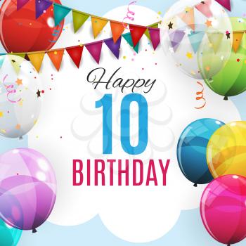 Cute Template 10 Years Anniversary. Group of Colour Glossy Helium Balloons Background. Vector Illustration EPS10