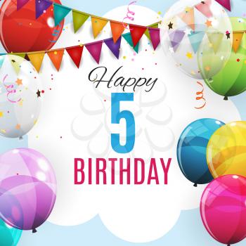 Cute Template 5 Years Anniversary. Group of Colour Glossy Helium Balloons Background. Vector Illustration EPS10