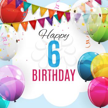 Cute Template 6 Years Anniversary. Group of Colour Glossy Helium Balloons Background. Vector Illustration EPS10