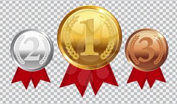 Champion Gold, Silver and Bronze Medal with Red Ribbon. Icon Sign of First, Second  and Third Place Isolated on Transparent Background. Vector Illustration EPS10