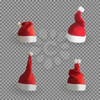 Set of Naturalistic 3D version of Santa Claus hat on a transparent background. Vector Illustration. EPS10