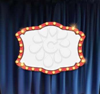 Realistic retro cinema announcement board with bulb frame on curtains background. Vector Illustration EPS10
