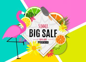 Abstract Summer Sale Background with Palm Leaves and Flamingo. Vector Illustration EPS10