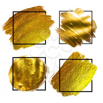 Golden Grunge Brush paint ink stroke with square frame backgrounds set. Vector Illustration EPS10