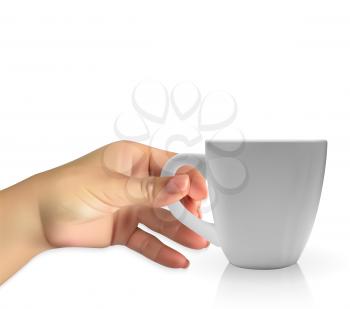 Man's naturalistic hand holds a Realistic 3D model of cup white color. Vector Illustration. EPS10