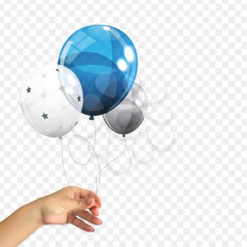 Realistic 3D Naturalistic hand of a man holding a Group of Color Glossy Helium Balloons Isolated on Transperent Background. Set of Silver, Blue, White with Confetti Balloons for Birthday, Anniversary, Celebration Party Decorations. Vector Illustration. EPS10