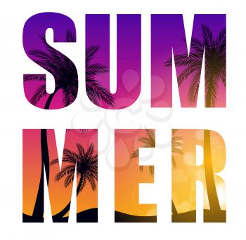 Summer Word from Beautifil Palm Tree Leaf  Silhouette Background Vector Illustration EPS10