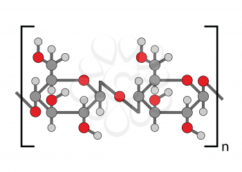 Structural chemical formula of cellulose polymer, 2d illustration, isolated on white, circles and sticks style, vector, eps 8