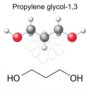 Structural chemical formula and model of propylene glycol -1,3 molecule, 2d and 3d illustration, isolated, vector, eps 8