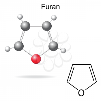 Structural chemical formula and model of furan molecule, 2d and 3d illustration, isolated, vector, eps 8