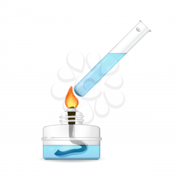 Heating of chemical tube by alcohol lamp, 3d vector on white background, eps 10