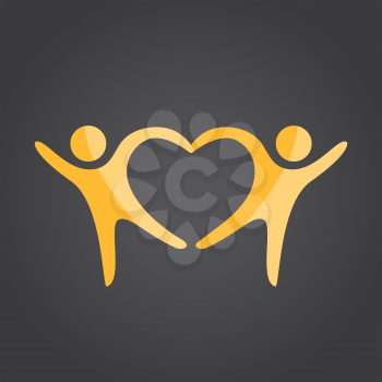 Two people form heart shape holding hands, 2d vector on dark background, eps 10