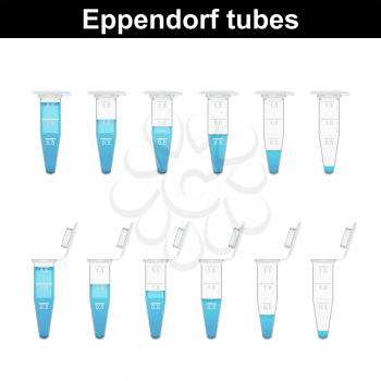 Opened and closed Eppendorf tubes in a row, changing volume, 3d lab equipment vector, eps 10