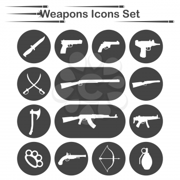 Weapon icon set, 14 icons on dark round plates, 2d vector, eps 8