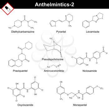 Chemical formulas of anthelmintic drugs - diethylcarbamazine, pyrantel, levamisole, praziquantel, aminoacetonitrile, niclosamide, oxyclozanide, monepantel, 2d vector isolated on white background, eps 