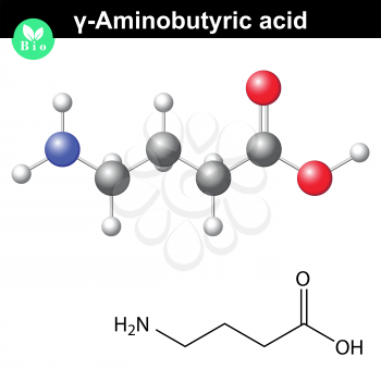 gamma Aminobutyric acid - synaptic neurotransmitter, chemical structure, 2d and 3d illustration, vector on white background, eps 8