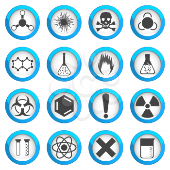 Chemical icons set on light round plates, 2d 16 vector signs, eps 10